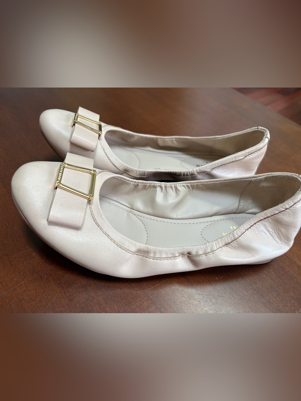 Cole Haan Pale Beige Leather Ballet Flats with Gold Buckle